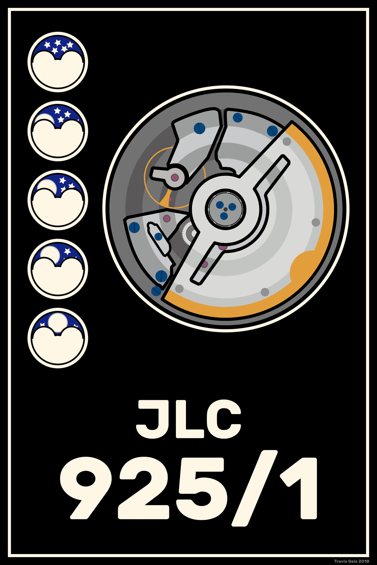 An art-deco-style poster of the JLC 925/1 watch movement.