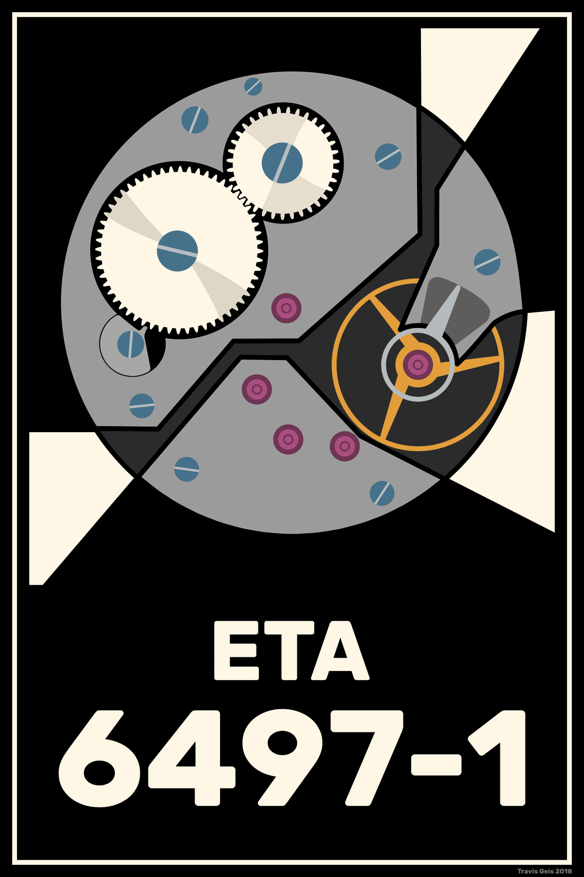 An art-deco-style poster of the 6497-1 watch movement.